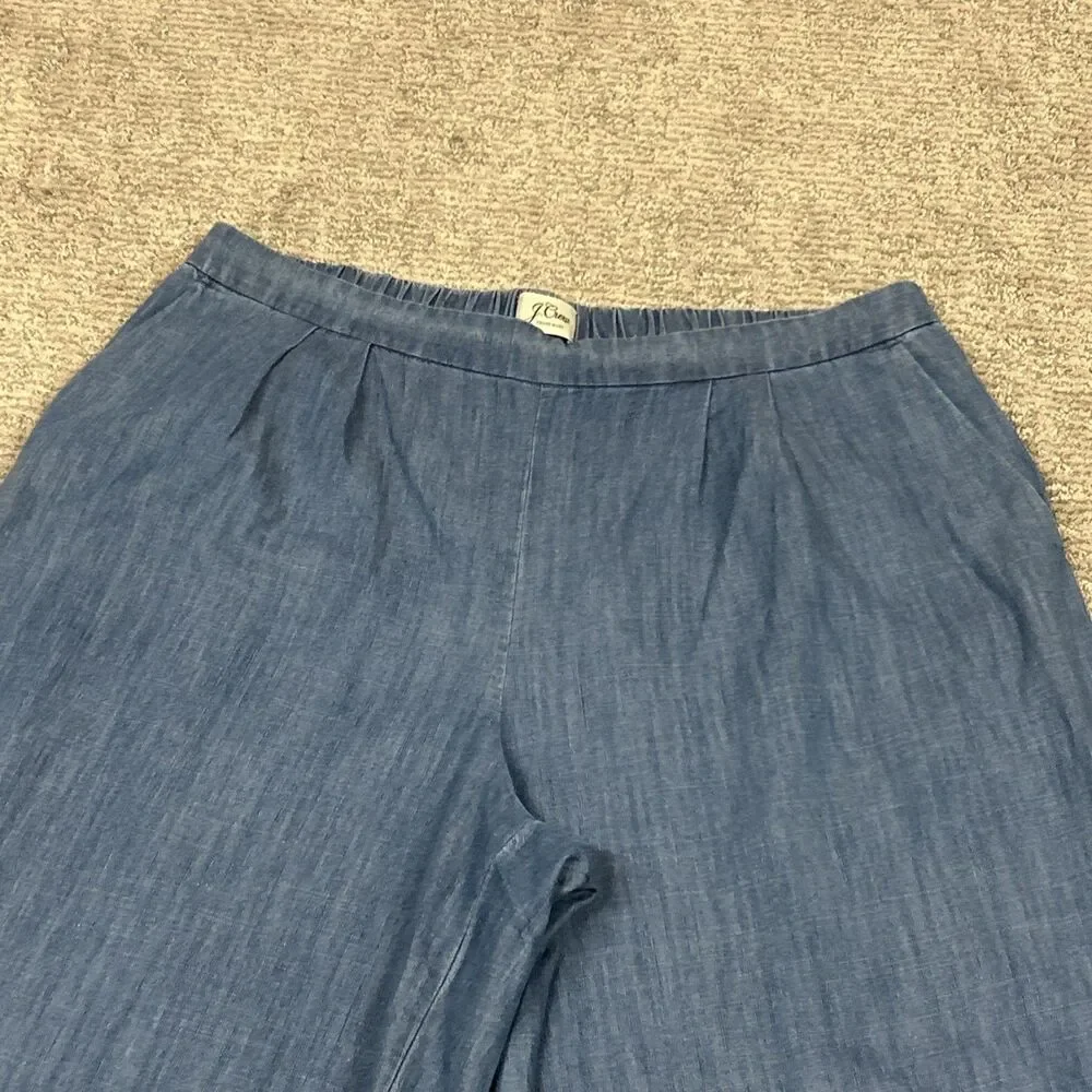 J Crew Wide Leg Pants Women 14 Washed Chambray Blue Crop Pockets Stretch Beach